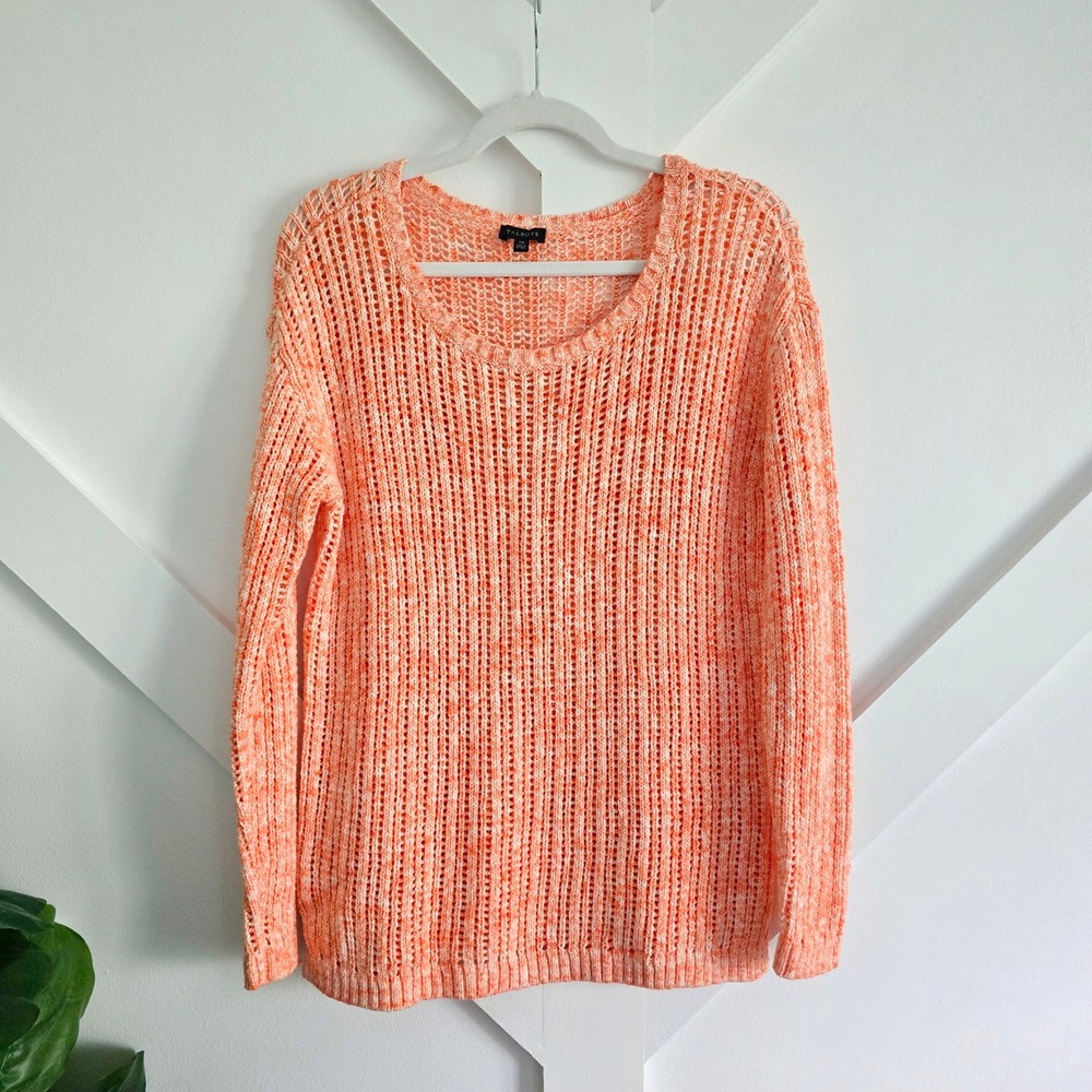 Talbots Open Knit Sweater Women XS Orange White Marled Cotton Pullover